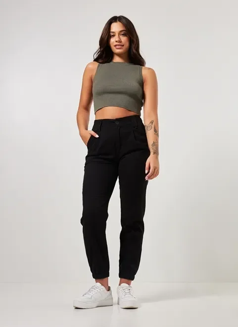 Calça Jogger Cintura Alta em Sarja