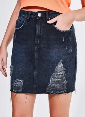 Saia Jeans Cintura Alta com Puídos