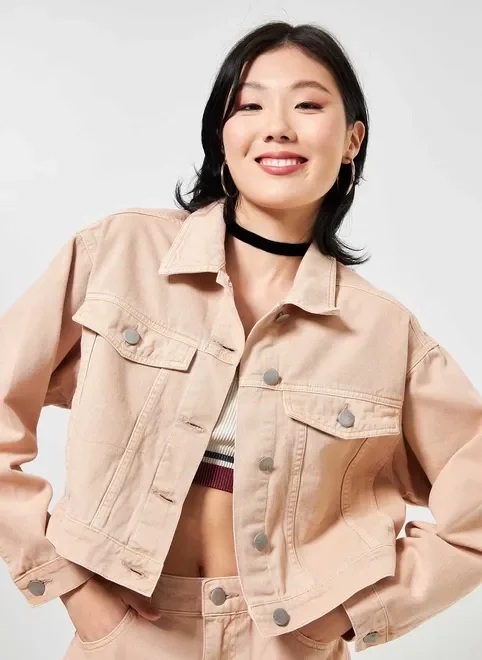 Jaqueta Cropped De Sarja Caqui