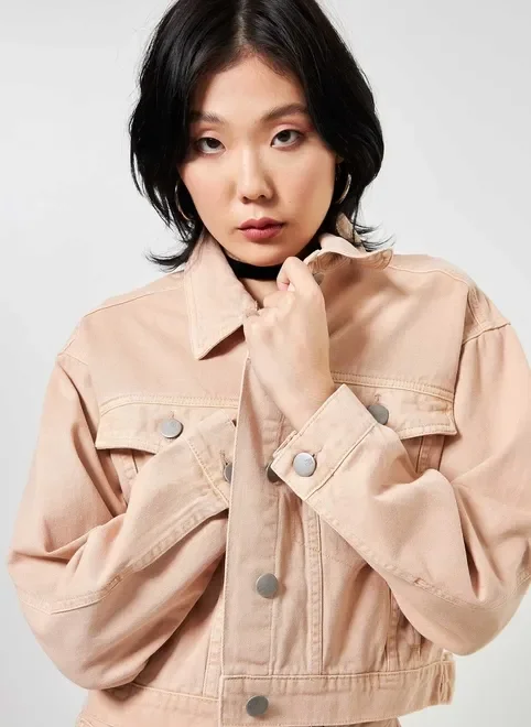 Jaqueta Cropped De Sarja Caqui