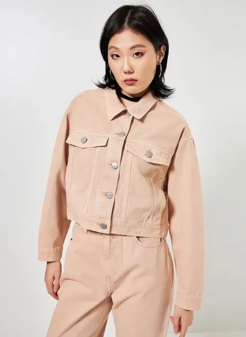 Jaqueta Cropped De Sarja Caqui