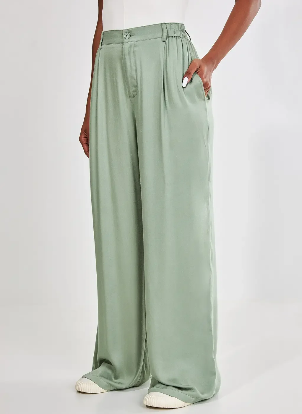 Calça Pantalona Acetinada Com Elástico