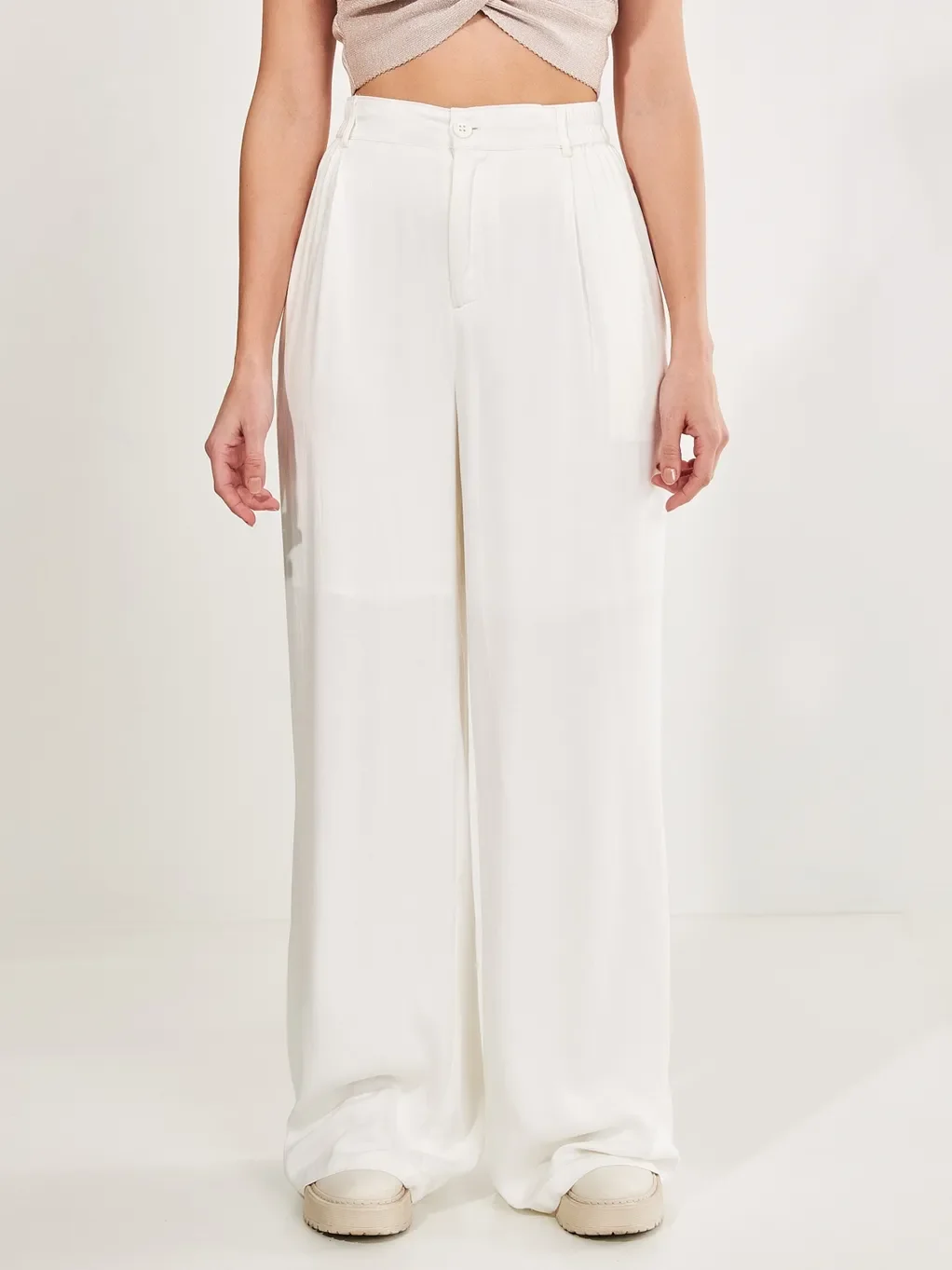 Calça Pantalona Acetinada Com Elástico