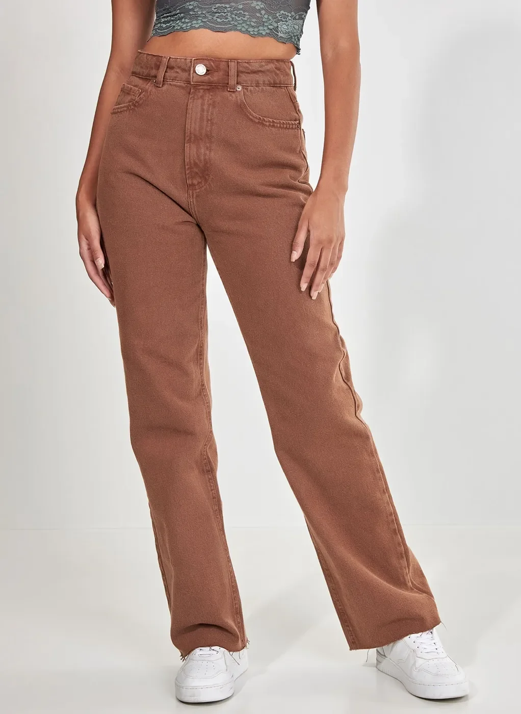 Calça Reta Over De Sarja Marrom