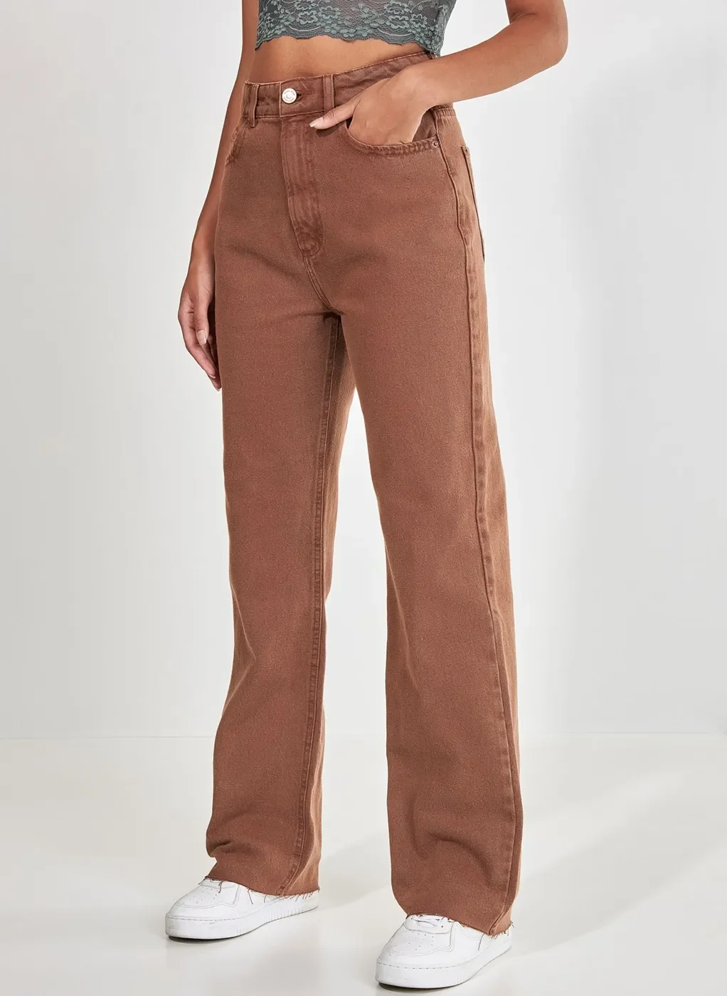 Calça Reta Over De Sarja Marrom