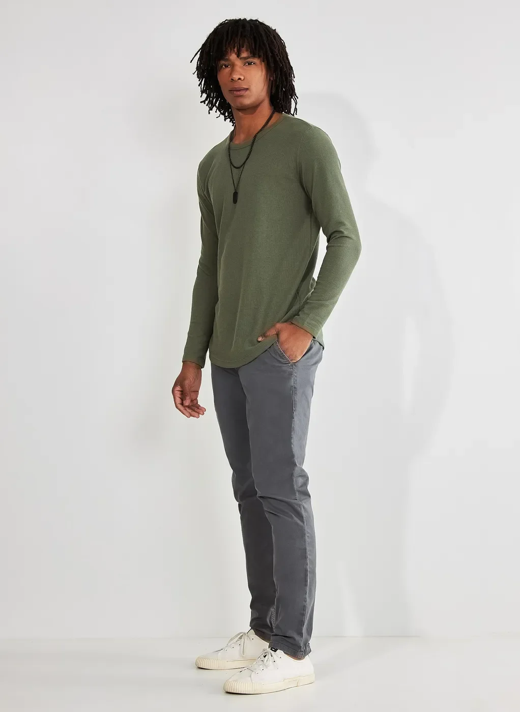 Camiseta Alongada Texturizada Manga Longa