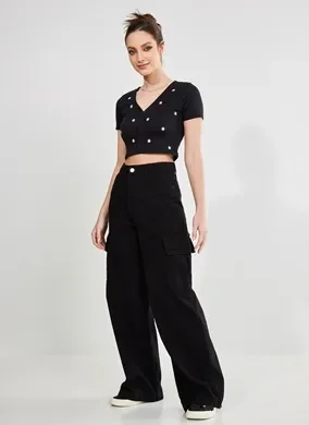 Blusa Cropped Margaridas Com Botões