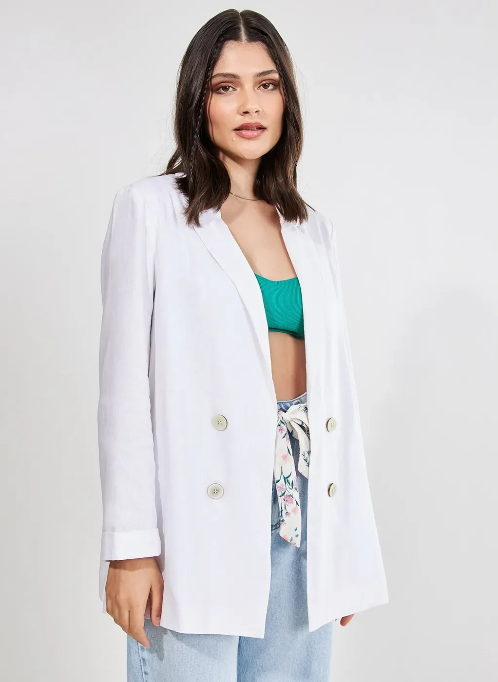 Blazer Alongado Off-White Com Linho