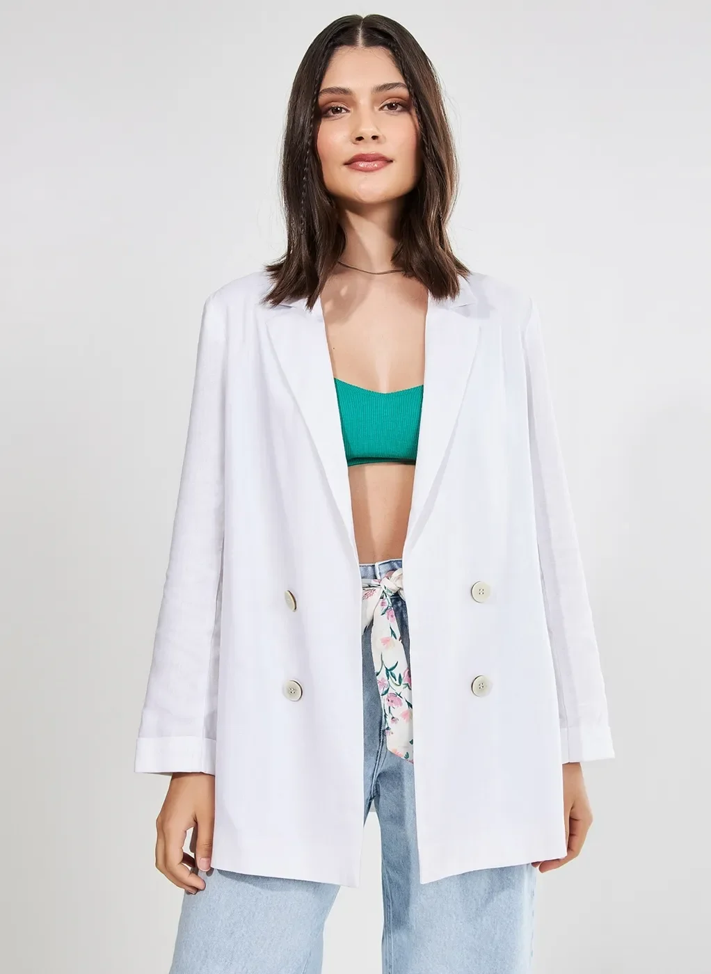 Blazer Alongado Off-White Com Linho