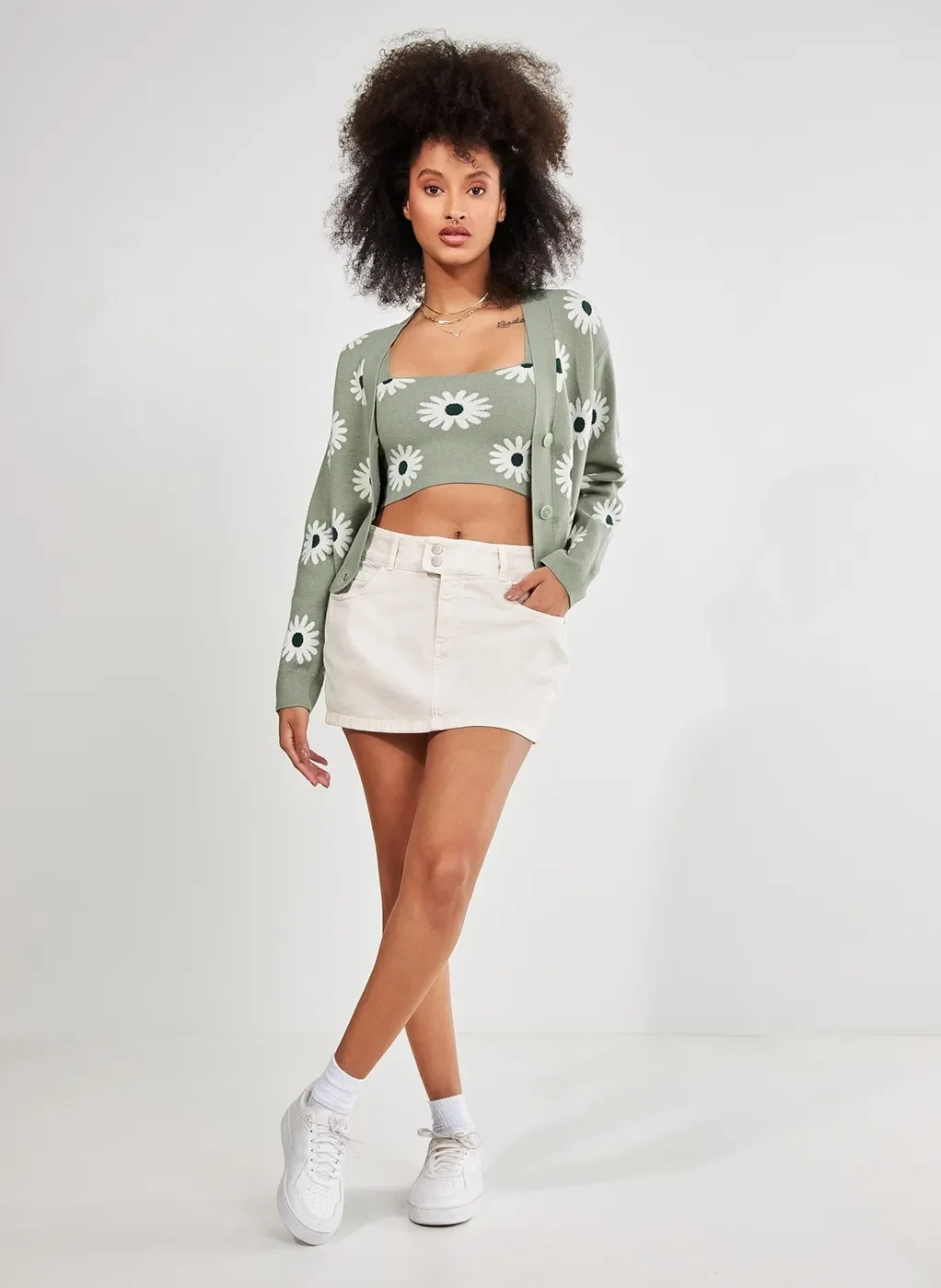 Cardigan Verde Seco Margaridas