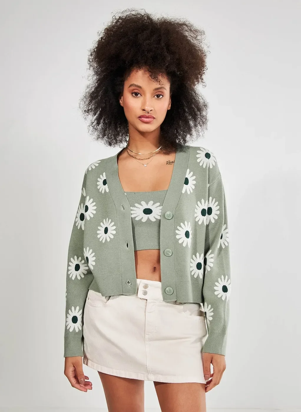 Cardigan Verde Seco Margaridas