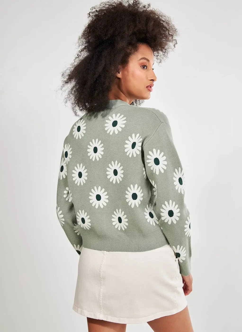 Cardigan Verde Seco Margaridas
