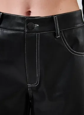 Calça Wide Leg Em Poliuretano Com Costuras