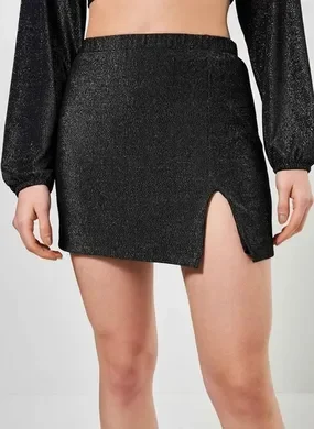 Saia Preta Com Brilho E Fendinha