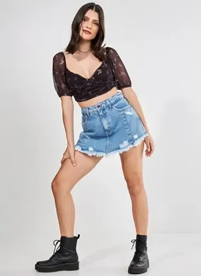 Blusa Cropped De Tule Com Borboletas