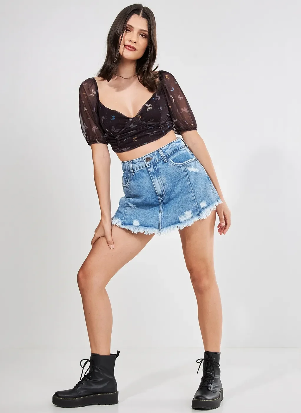 Blusa Cropped De Tule Com Borboletas