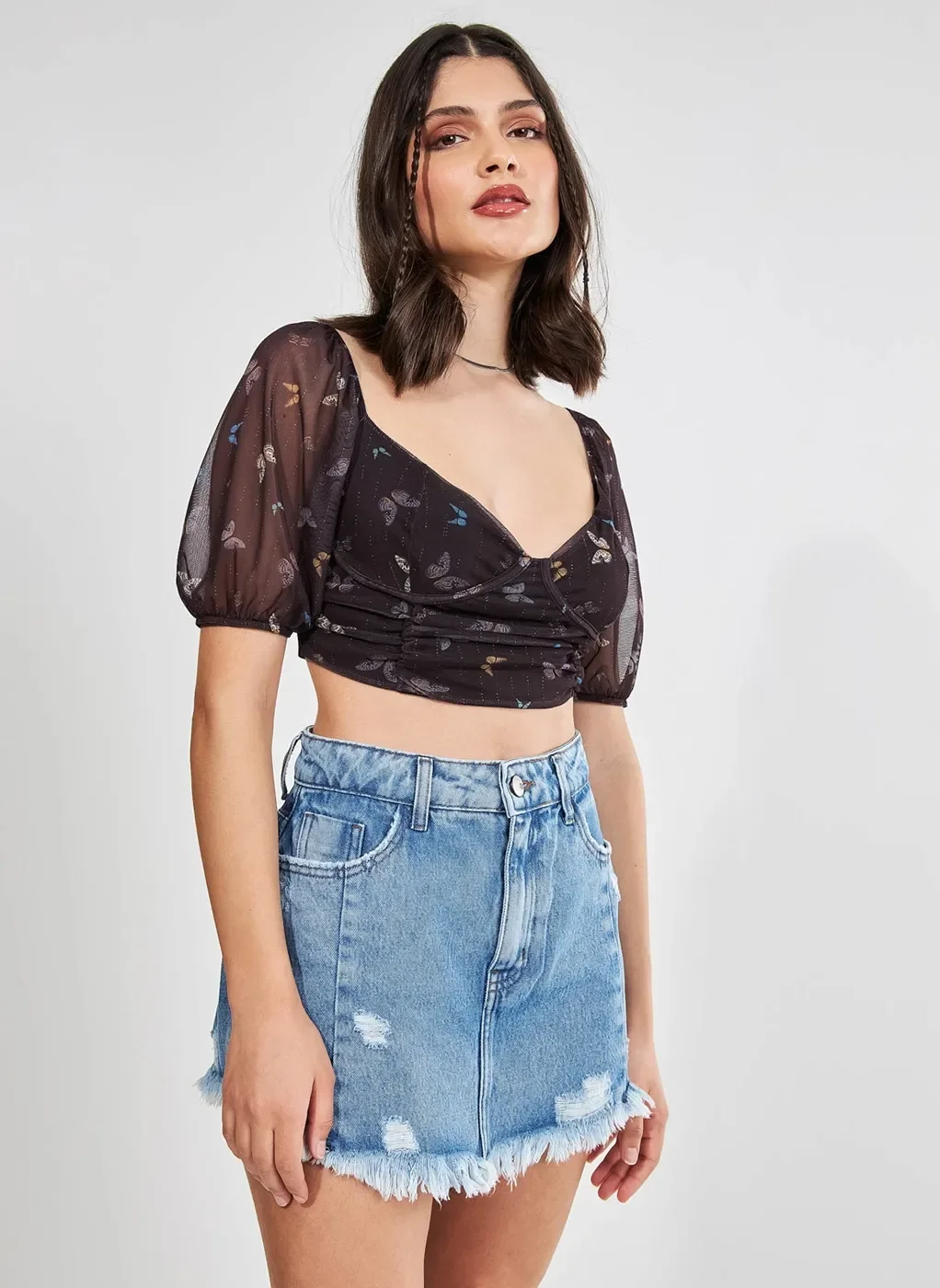 Blusa Cropped De Tule Com Borboletas