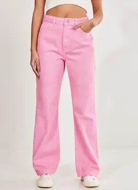 Calça Reta Over Em Sarja Rosa