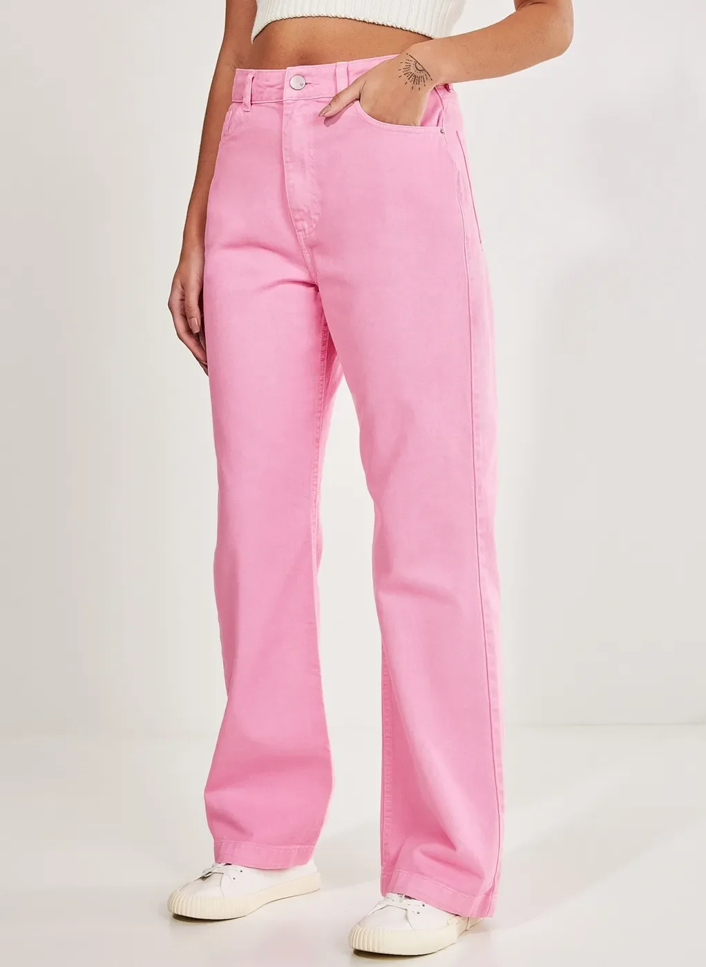 Calça Reta Over Em Sarja Rosa