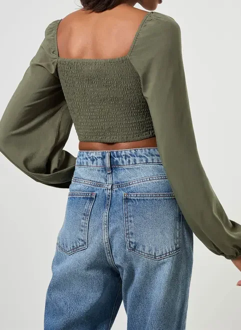 Blusa Cropped Com Manga Bufante