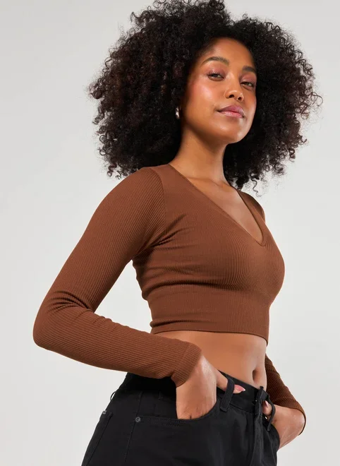 Blusa Manga Longa Seamless Decote V