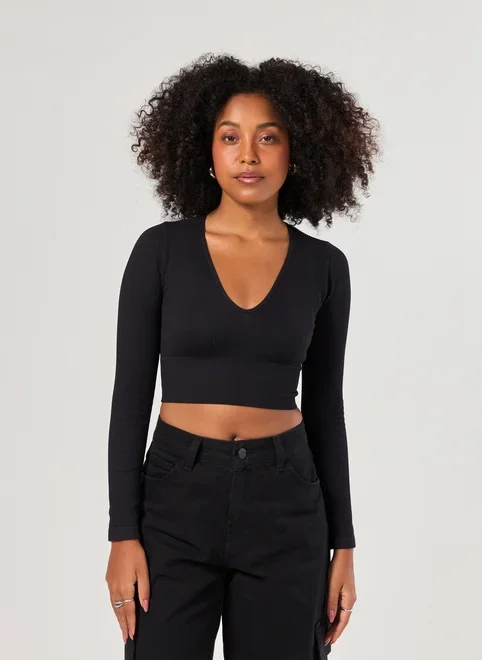 Blusa Manga Longa Seamless Decote V