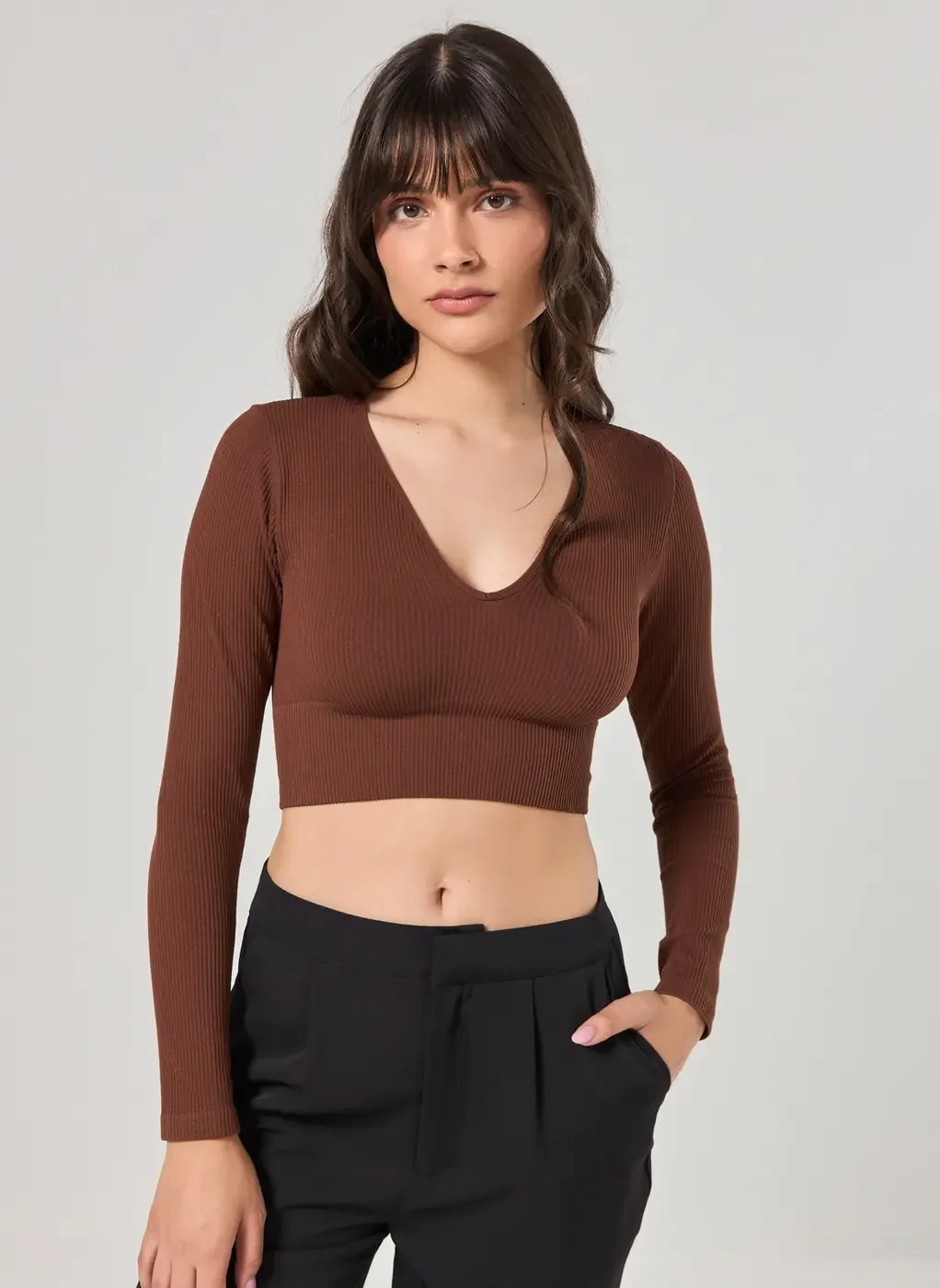 Blusa Manga Longa Seamless Decote V