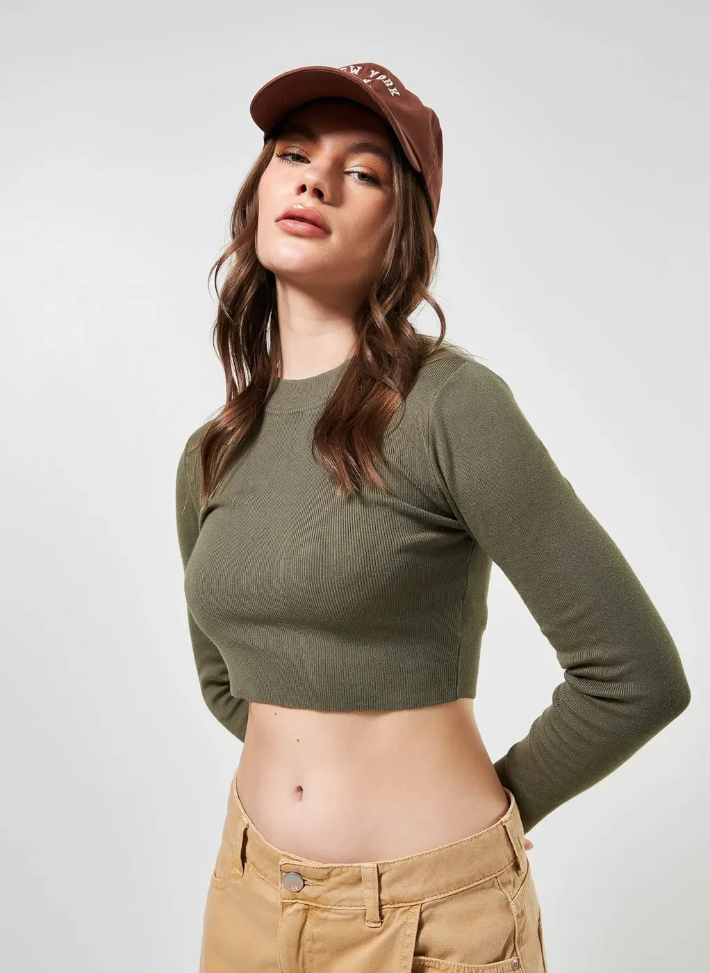 Blusa Cropped De Manga Longa Em Retilínea