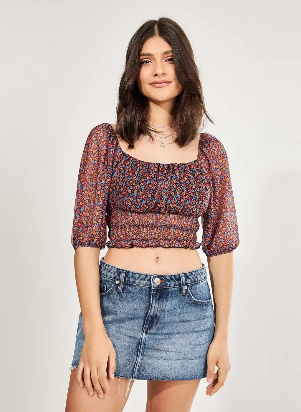 Cropped Com Tule Colorido De Florzinhas