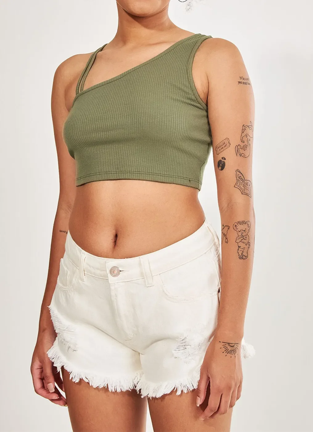 Cropped Verde Militar Alças Assimétricas