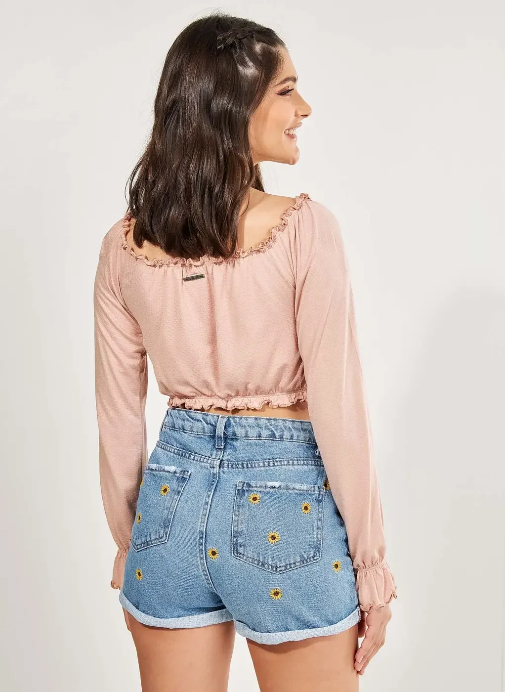 Blusa Cropped Rosé Com Mangas