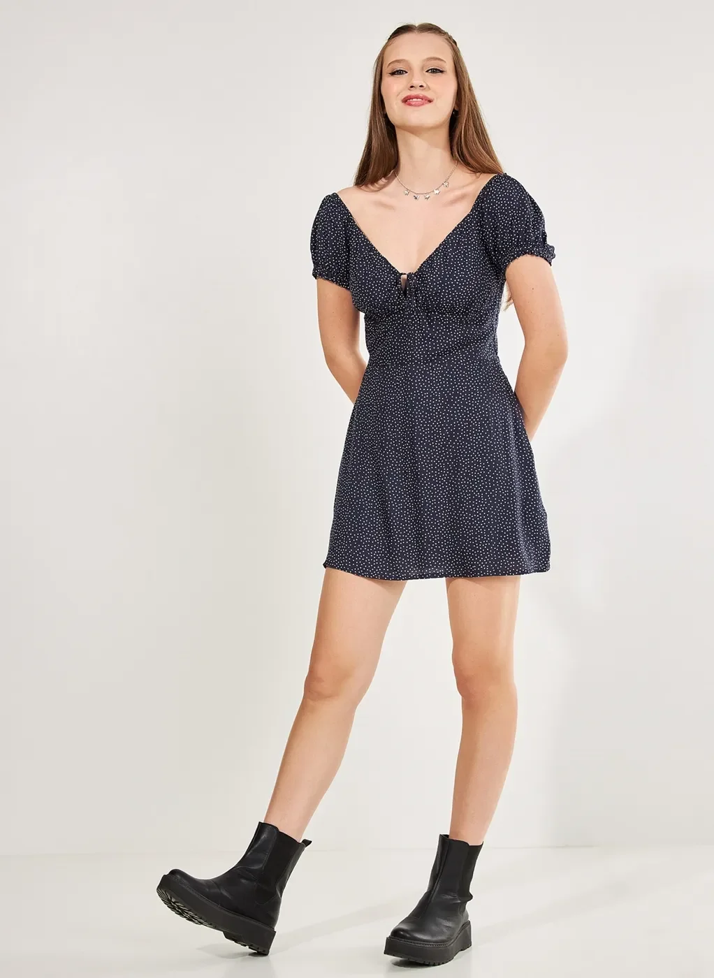 Vestido Macaquinho Azul Marinho Poá