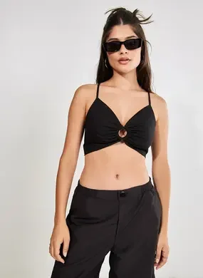 Top Cropped Preto Com Argola