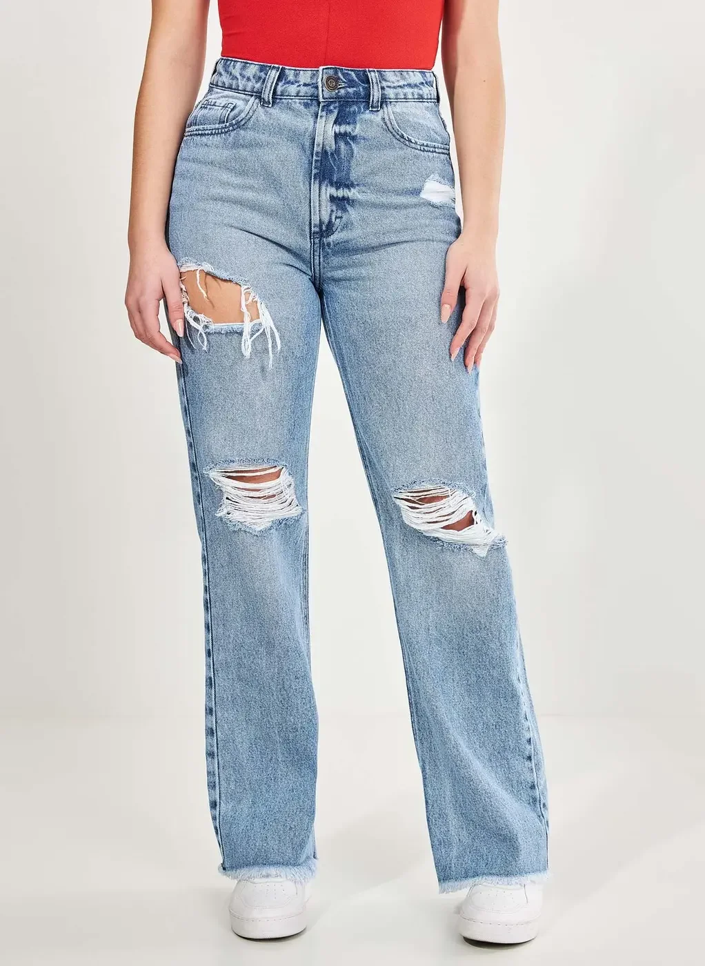 Calça Reta Over Jeans Com Rasgos