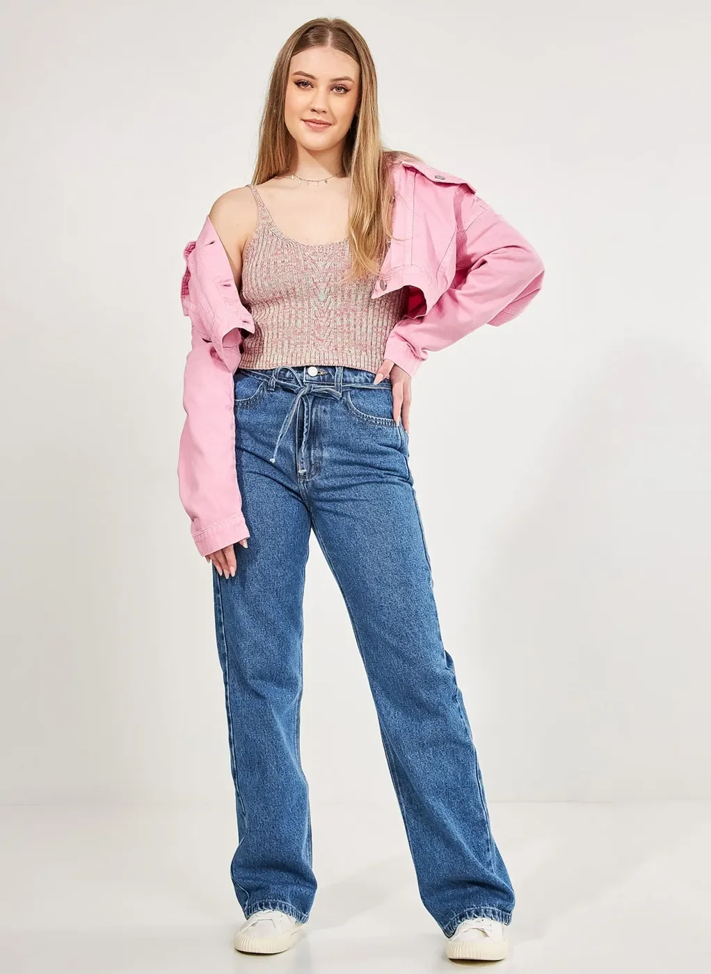 Calça Jeans Reta Over Com Amarração