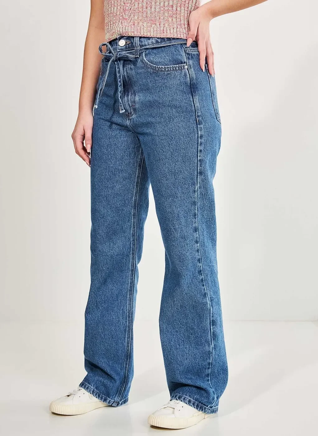 Calça Jeans Reta Over Com Amarração