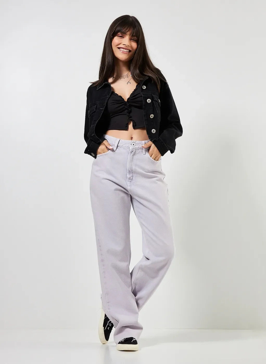 Calça Reta Over Em Sarja Lilás