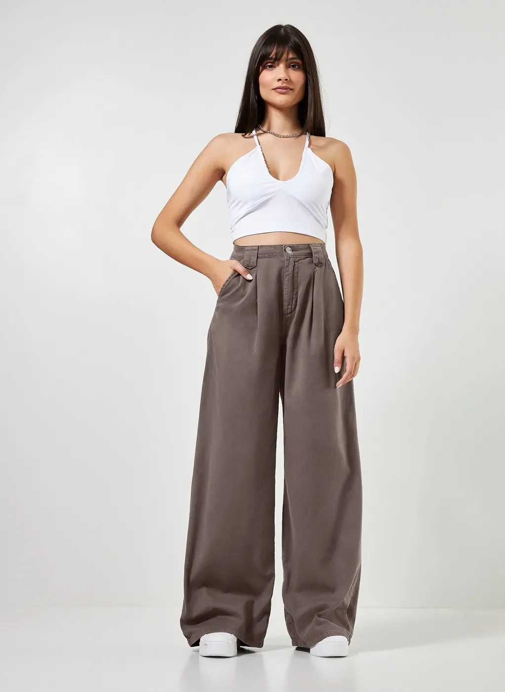 Calça Wide Leg Em Sarja Cinza