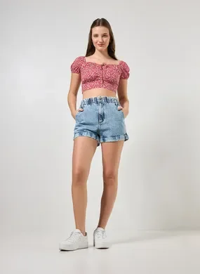 Short Jeans Com Elástico E Barra Dobrada