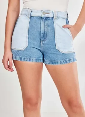 Short Mom Jeans Patchwork De Cintura Alta