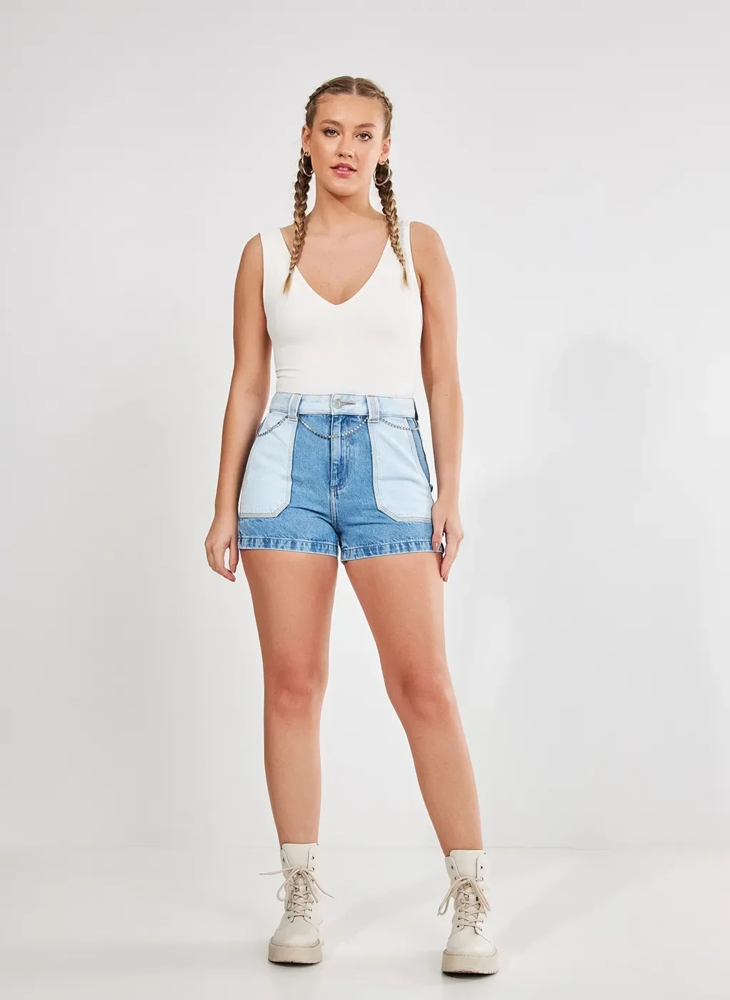 Short Mom Jeans Patchwork De Cintura Alta