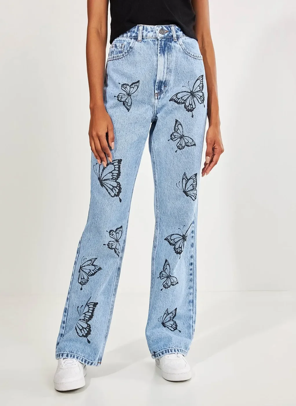 Calça Jeans Reta Over Borboletas
