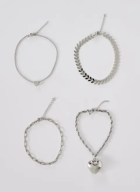 Kit Pulseiras Prateadas Com Coração