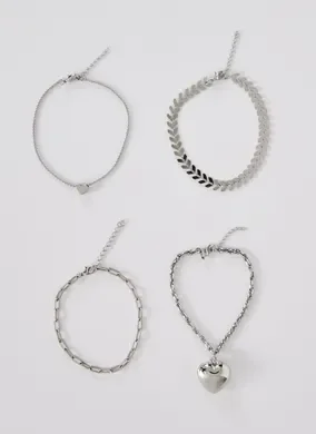 Kit Pulseiras Prateadas Com Coração