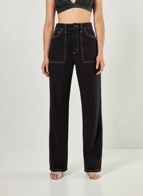 Calça Wide Leg Em Sarja Com Costuras