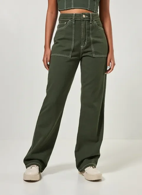 Calça Wide Leg Em Sarja Com Costuras