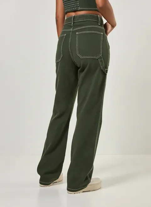 Calça Wide Leg Em Sarja Com Costuras