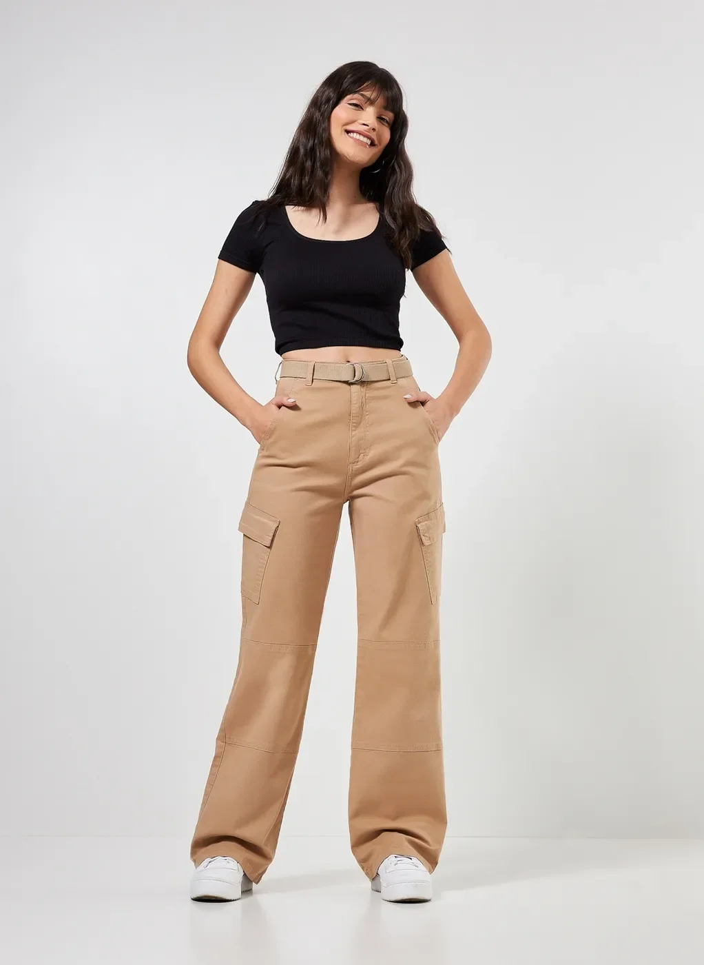 Calça Wide Leg Cargo Caqui Com Cinto
