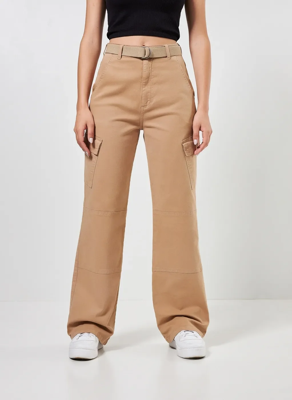 Calça Wide Leg Cargo Caqui Com Cinto