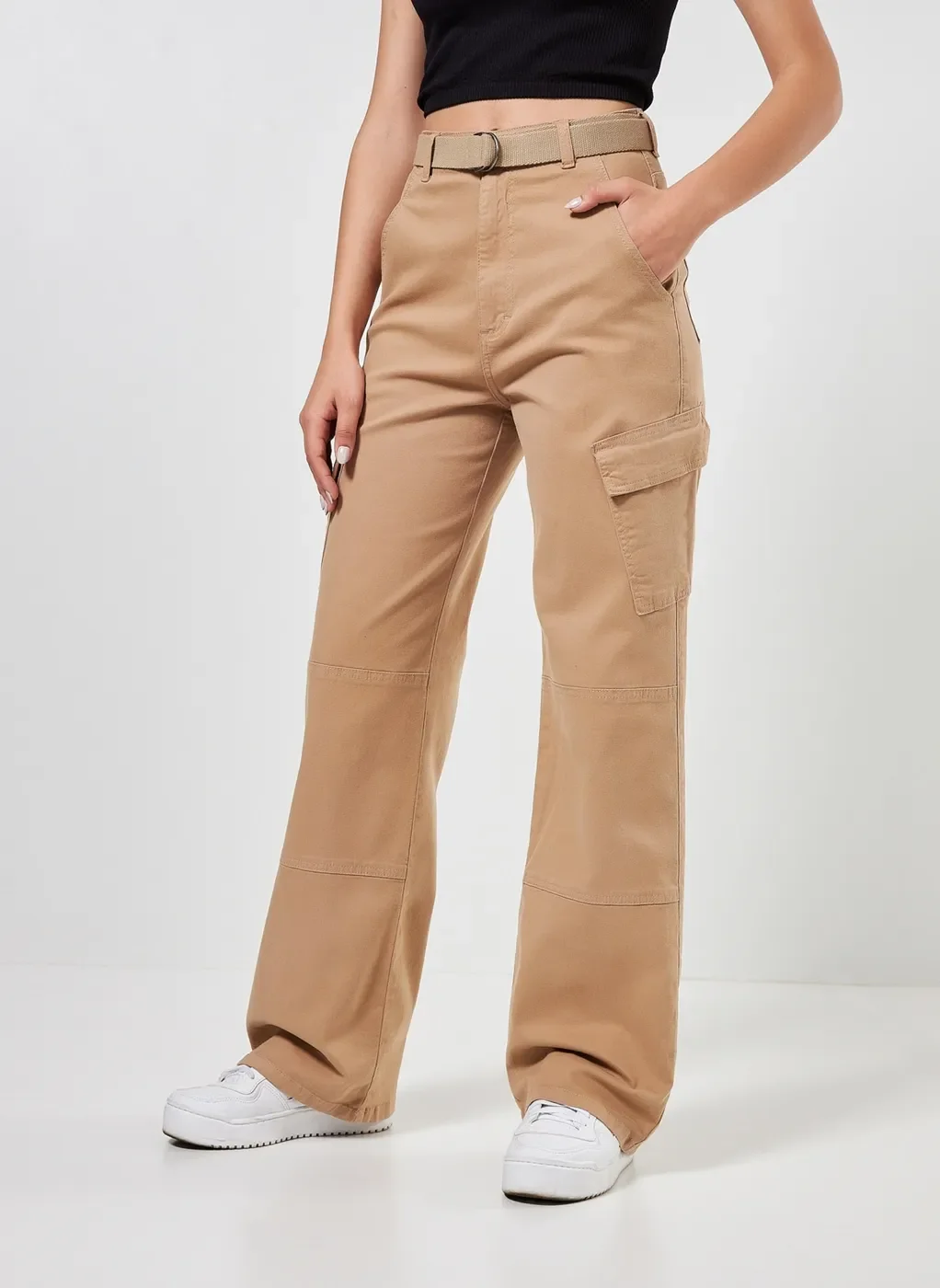 Calça Wide Leg Cargo Caqui Com Cinto